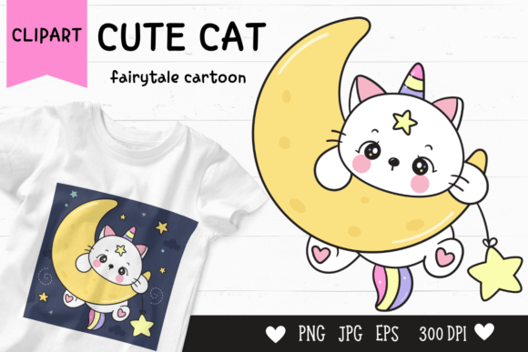 Download Cute Cat Cartoon on Moon Kawaii Clipart - Car Collection